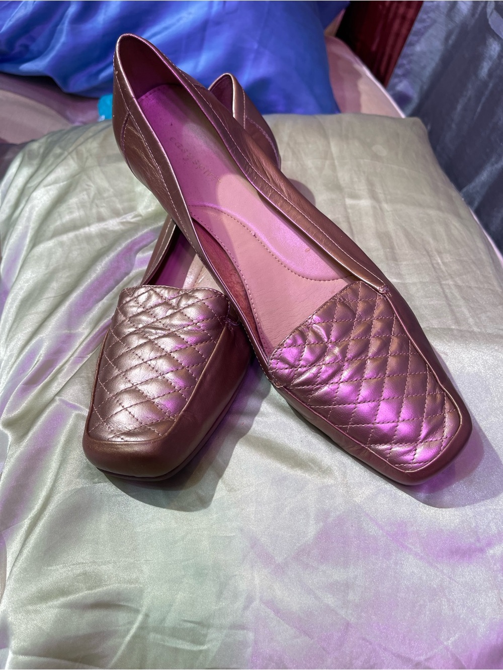 Life Stride Metallic Quilted Square-Toe Flats in Rose Brown